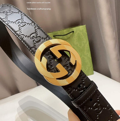 Gucci Signature Black Leather Belt with Textured Gold Interlocking G Buckle - photo 3