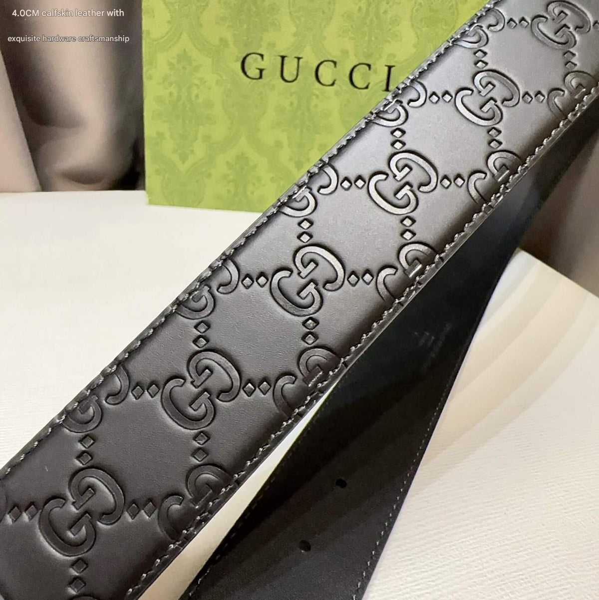 Gucci Signature Black Leather Belt with Textured Gold Interlocking G Buckle - photo 5