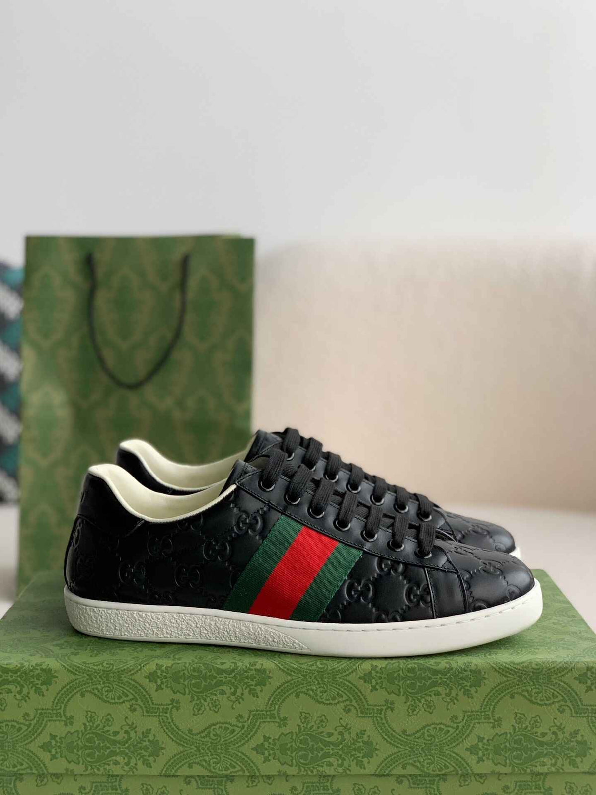 Gucci Ace Sneaker – Black GG Embossed Leather with Green & Red Web - image 3