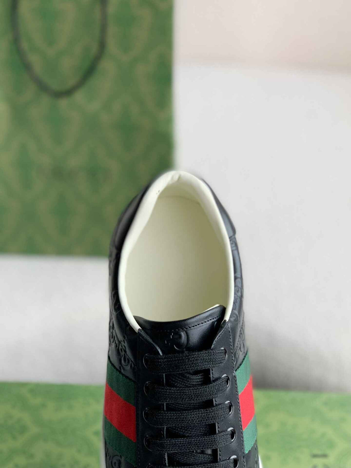 Gucci Ace Sneaker – Black GG Embossed Leather with Green & Red Web - image 4