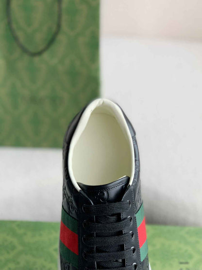 Gucci Ace Sneaker – Black GG Embossed Leather with Green & Red Web - image 4