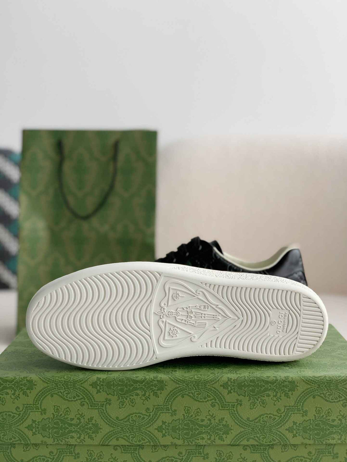 Gucci Ace Sneaker – Black GG Embossed Leather with Green & Red Web - image 5
