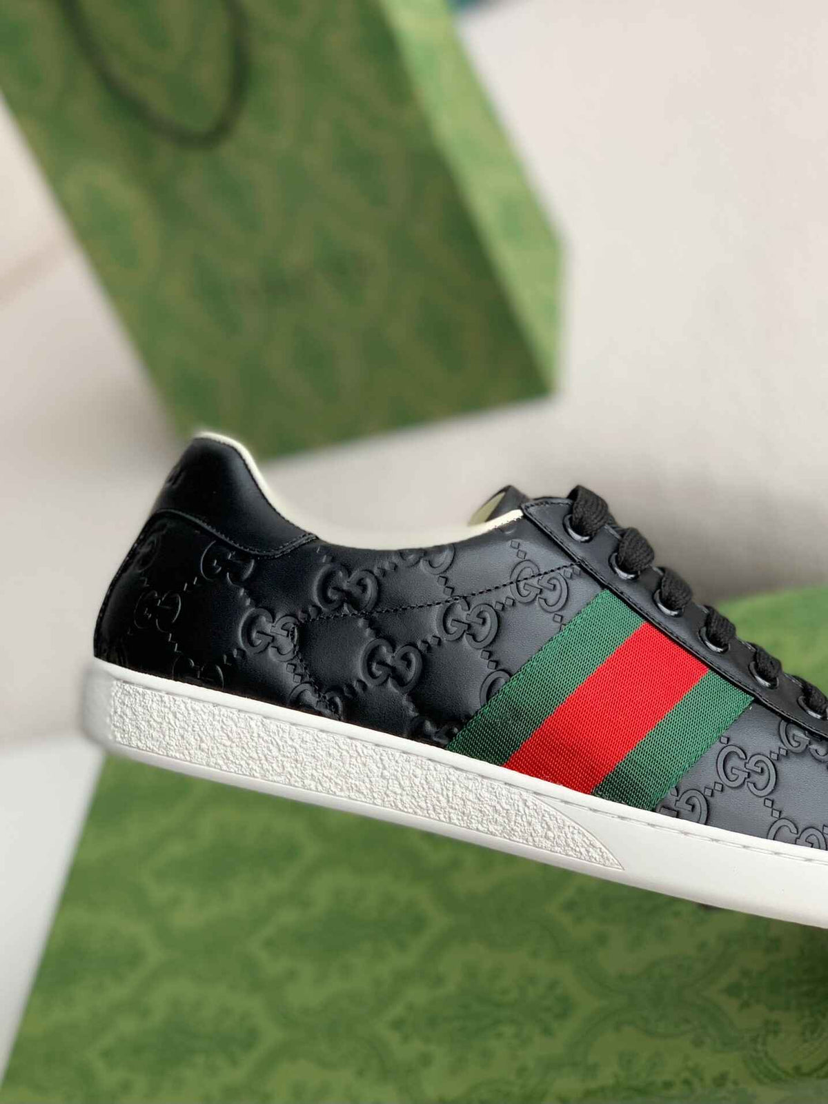 Gucci Ace Sneaker – Black GG Embossed Leather with Green & Red Web - image 6