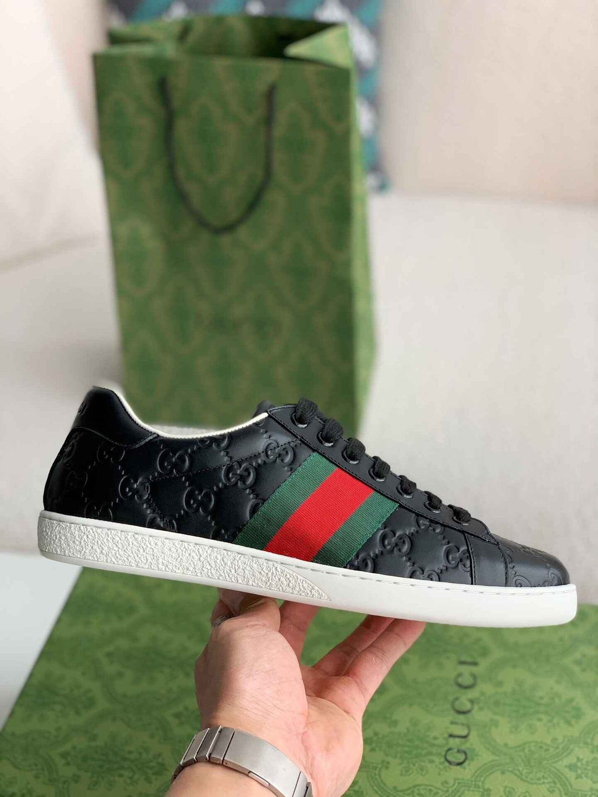 Gucci Ace Sneaker – Black GG Embossed Leather with Green & Red Web - image 2