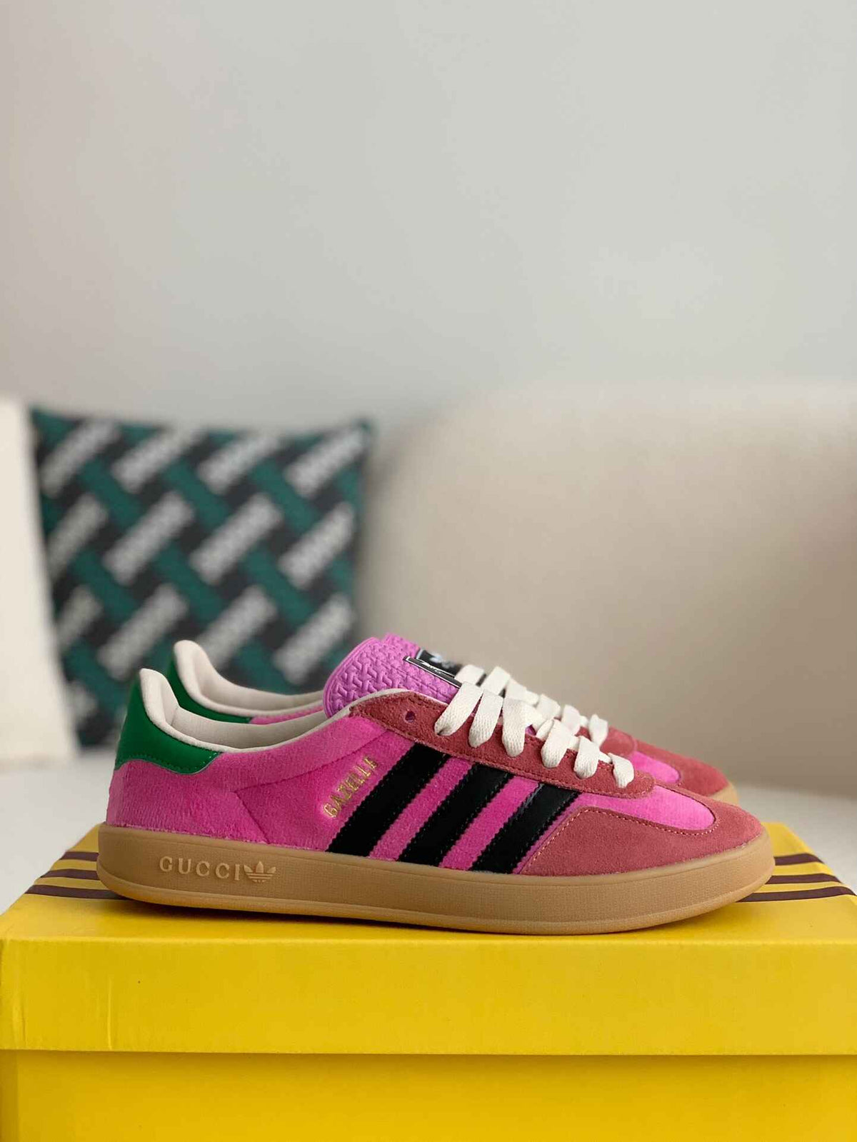 Adidas x Gucci Gazelle Sneaker in Pink Suede with Black Stripes and Green Heel Tab - image 2