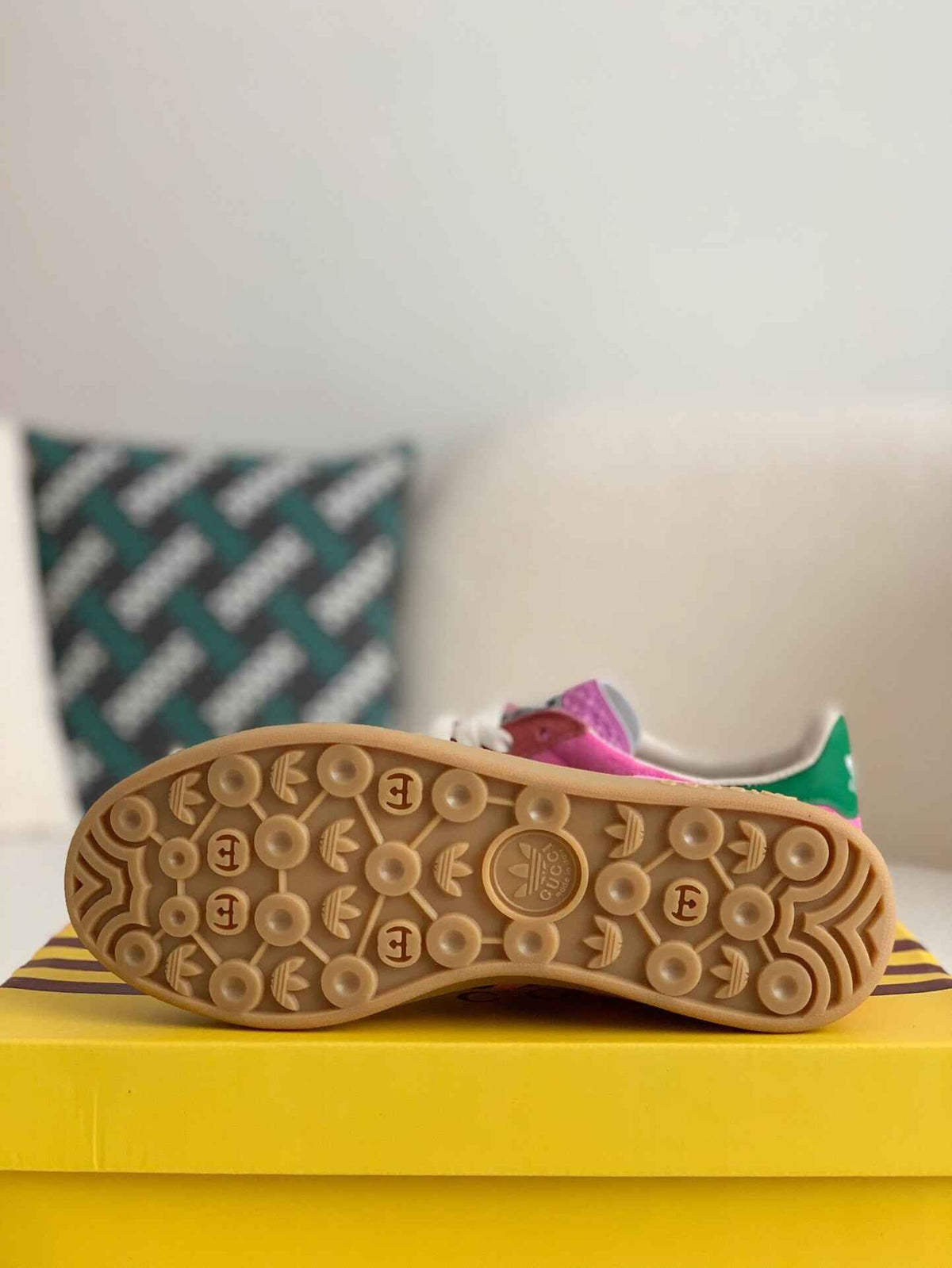 Adidas x Gucci Gazelle Sneaker in Pink Suede with Black Stripes and Green Heel Tab - image 9