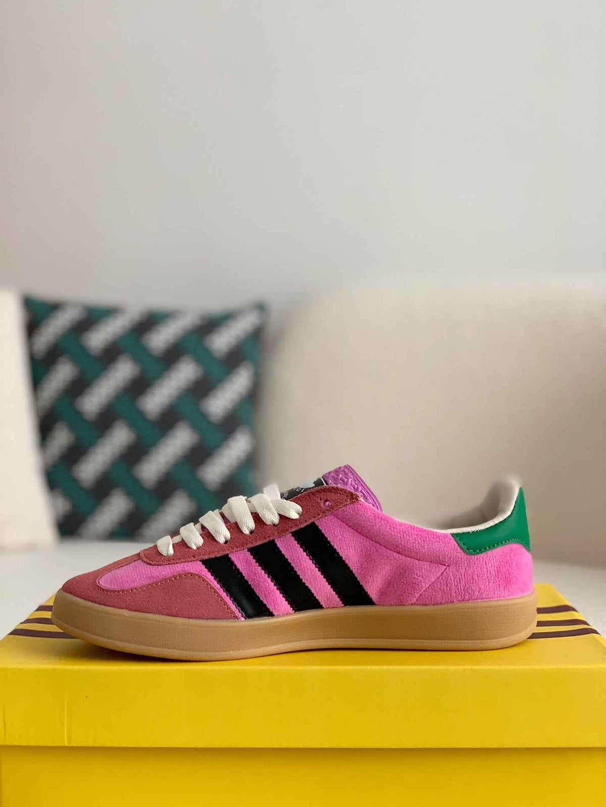 Adidas x Gucci Gazelle Sneaker in Pink Suede with Black Stripes and Green Heel Tab - image 4