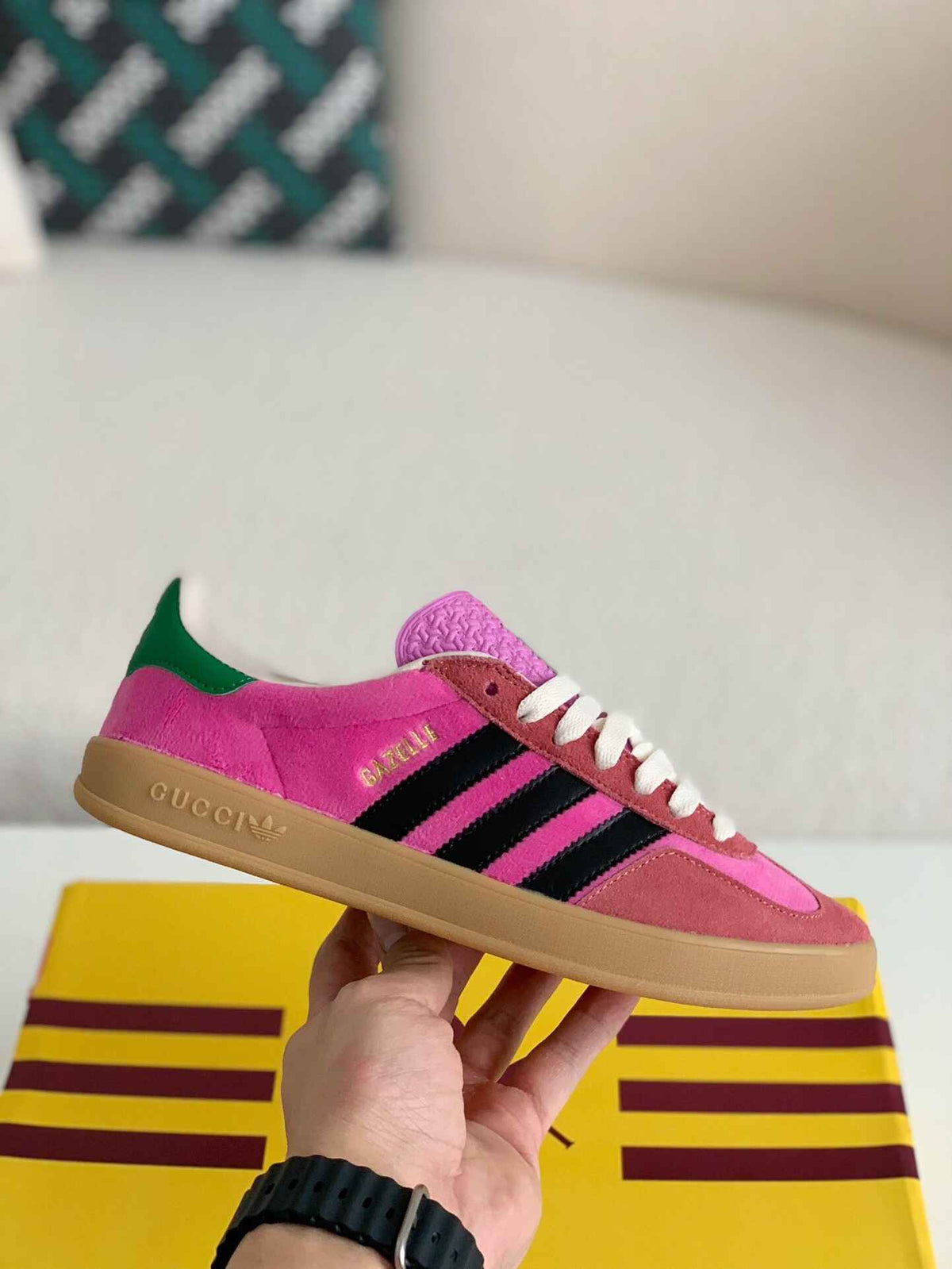 Adidas x Gucci Gazelle Sneaker in Pink Suede with Black Stripes and Green Heel Tab - image 5