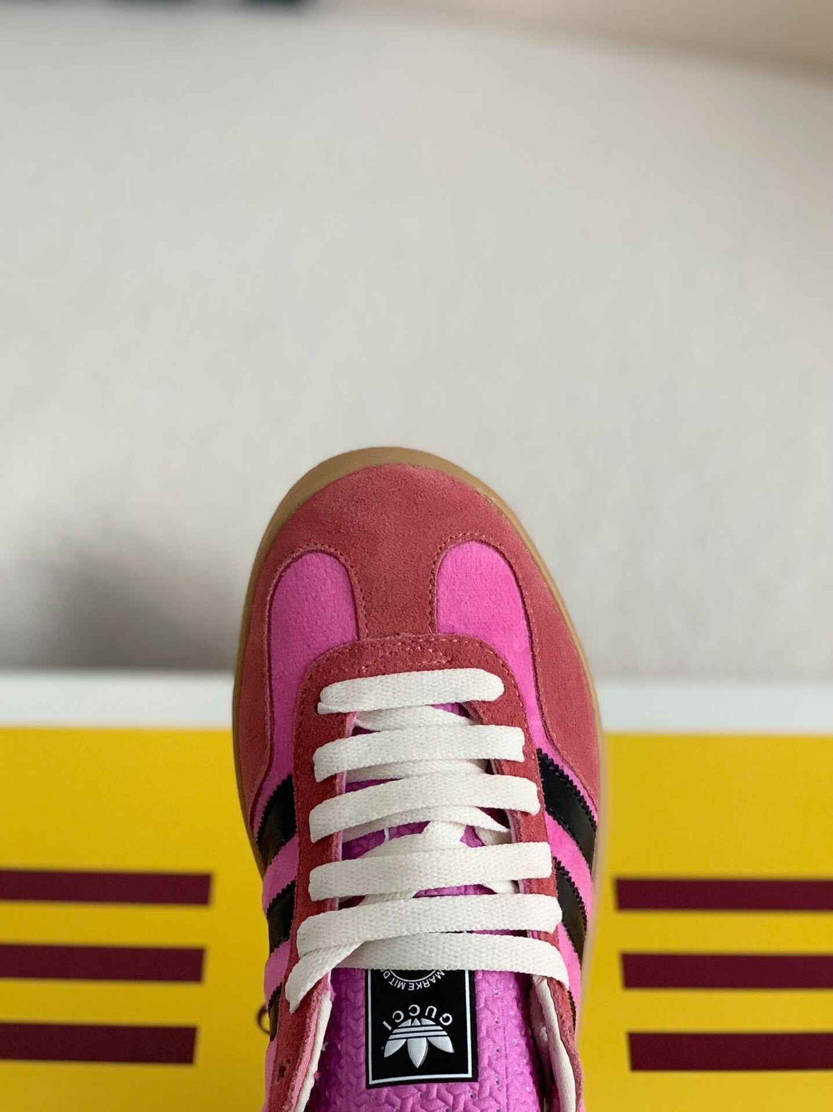 Adidas x Gucci Gazelle Sneaker in Pink Suede with Black Stripes and Green Heel Tab - image 8