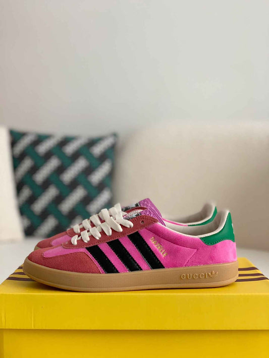 Adidas x Gucci Gazelle Sneaker in Pink Suede with Black Stripes and Green Heel Tab - image 1