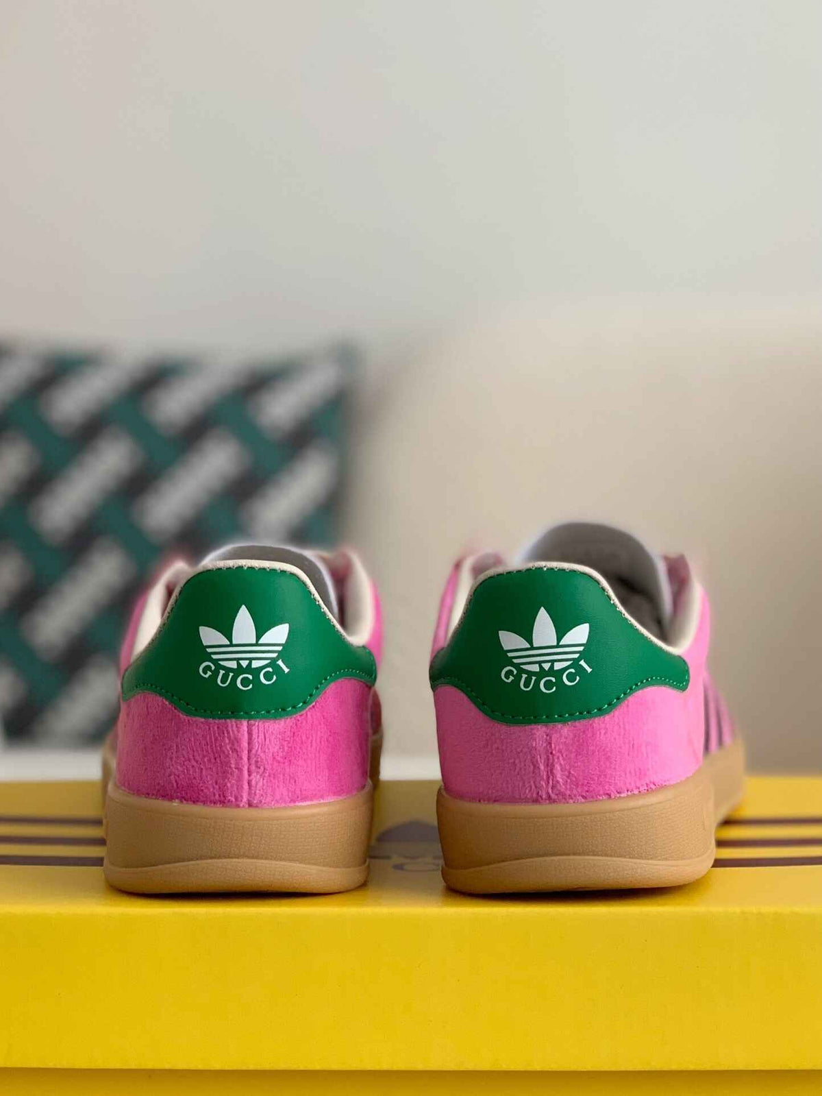 Adidas x Gucci Gazelle Sneaker in Pink Suede with Black Stripes and Green Heel Tab - image 3