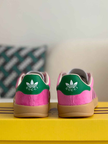 Adidas x Gucci Gazelle Sneaker in Pink Suede with Black Stripes and Green Heel Tab - image 3