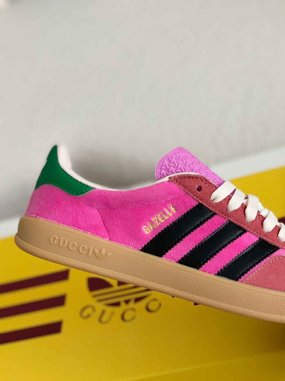 Adidas x Gucci Gazelle Sneaker in Pink Suede with Black Stripes and Green Heel Tab - image 6