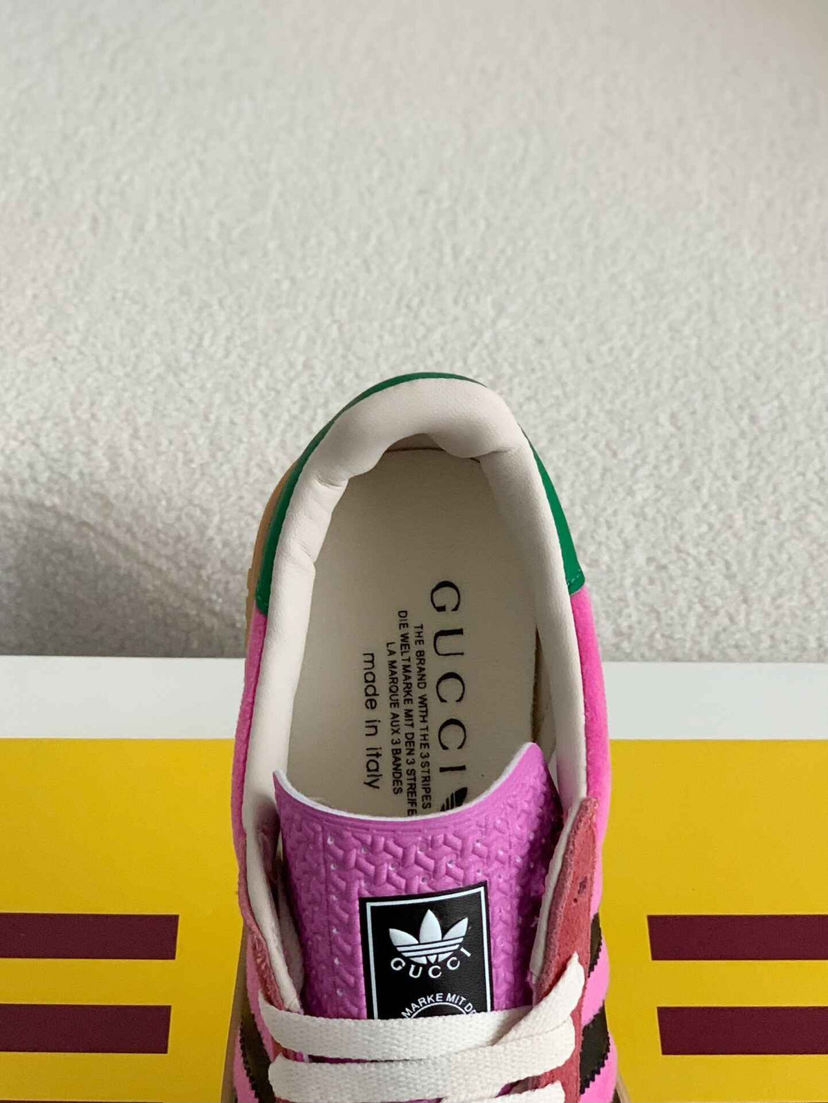 Adidas x Gucci Gazelle Sneaker in Pink Suede with Black Stripes and Green Heel Tab - image 7