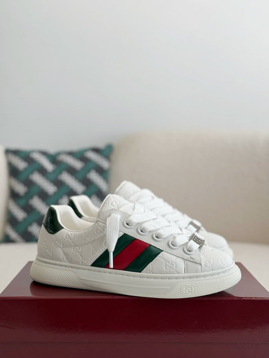 Gucci Ace Sneaker GG Embossed White Leather with Web Stripe and Green Croc Heel Tab - image 1