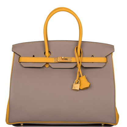 Hermes Birkin 35 Etoupe and Jaune Ambre Togo Brushed Gold Hardware - image 1