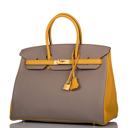 Hermes Birkin 35 Etoupe and Jaune Ambre Togo Brushed Gold Hardware - image 5