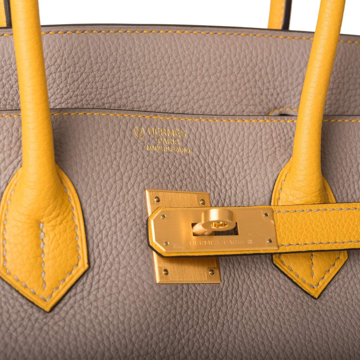Hermes Birkin 35 Etoupe and Jaune Ambre Togo Brushed Gold Hardware - image 7
