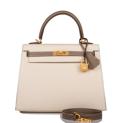 Hermes Kelly 25cm Bi-Color Craie and Etoupe Epsom Sellier Brushed Gold Hardware - image 1