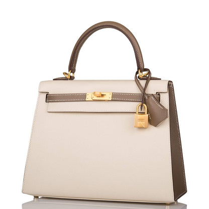 Hermes Kelly 25cm Bi-Color Craie and Etoupe Epsom Sellier Brushed Gold Hardware - image 5
