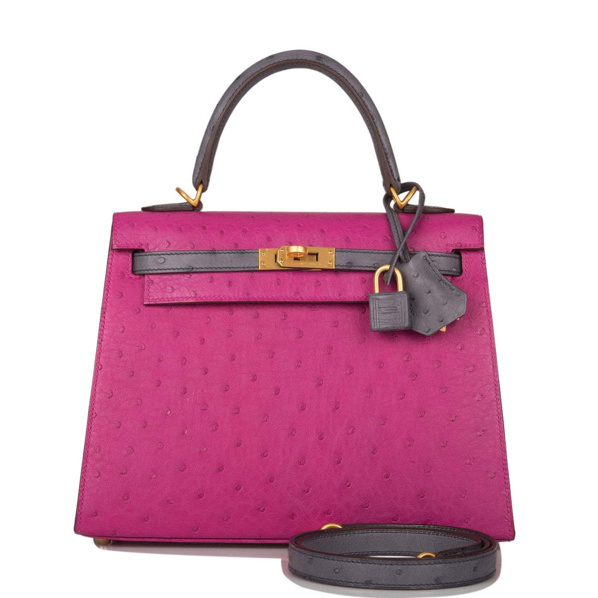 Hermes Horseshoe Stamp (HSS) Bi-Color Rose Pourpre and Gris Agate Ostrich Sellier Kelly 25cm Brushed Gold Hardware - image 1