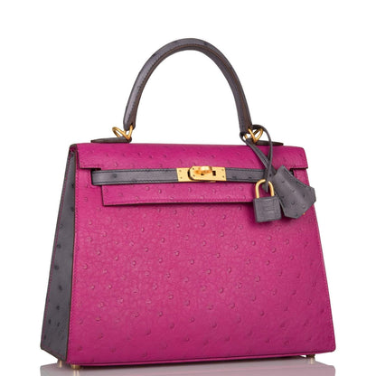 Hermes Horseshoe Stamp (HSS) Bi-Color Rose Pourpre and Gris Agate Ostrich Sellier Kelly 25cm Brushed Gold Hardware - image 2