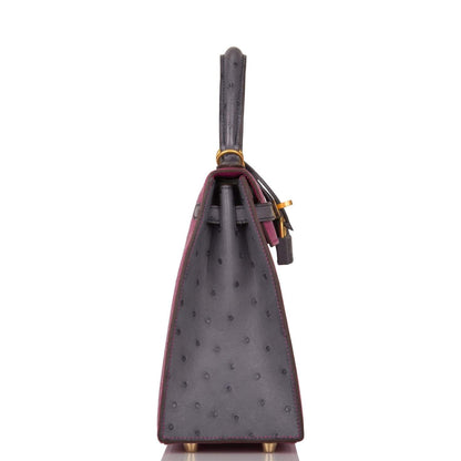 Hermes Horseshoe Stamp (HSS) Bi-Color Rose Pourpre and Gris Agate Ostrich Sellier Kelly 25cm Brushed Gold Hardware - image 3