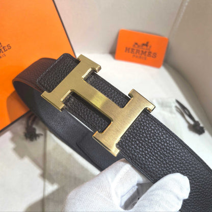 Hermès Black Leather Constance Buckle Belt - Brushed Gold Hardware - photo 2