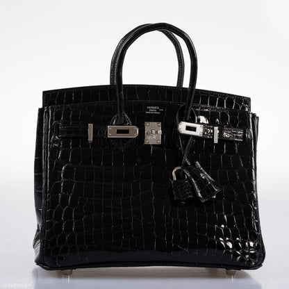 Hermes Birkin 25 Shiny Black Niloticus Crocodile with Palladium Hardware - 2019, D - image 11