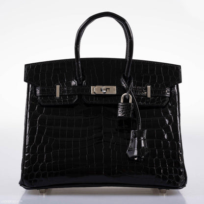 Hermes Birkin 25 Shiny Black Niloticus Crocodile with Palladium Hardware - 2019, D - image 5