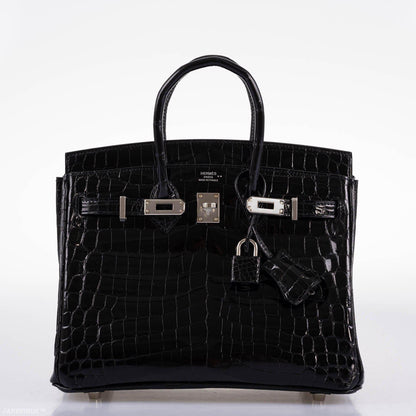 Hermes Birkin 25 Shiny Black Niloticus Crocodile with Palladium Hardware - 2019, D - image 9