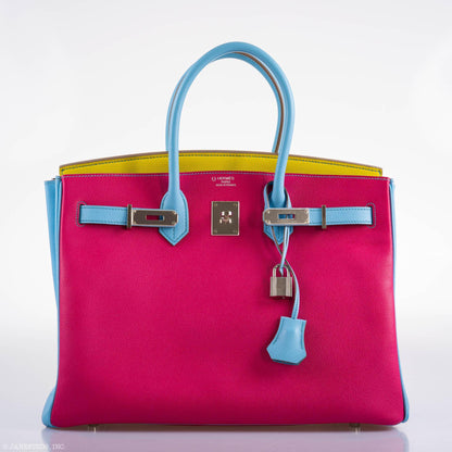 Hermès Birkin 35 HSS Rose Tyrien, Blue Celeste, Lime Epsom Palladium Hardware - 2011, O - photo 13