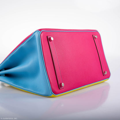 Hermès Birkin 35 HSS Rose Tyrien, Blue Celeste, Lime Epsom Palladium Hardware - 2011, O - photo 6