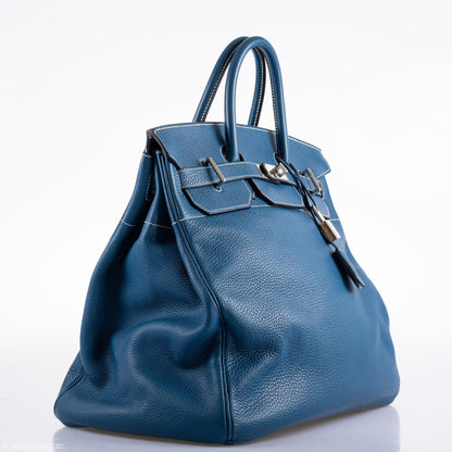 Hermes Birkin 40 HAC Blue Thalassa Togo & White Stitching Palladium Hardware - 2003, G Square - image 4