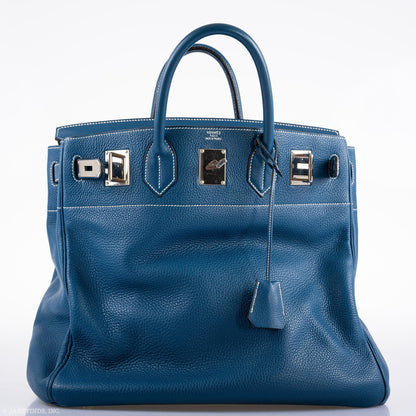 Hermes Birkin 40 HAC Blue Thalassa Togo & White Stitching Palladium Hardware - 2003, G Square - image 7
