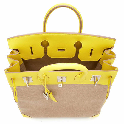 Hermes Birkin 40 HAC Lime & Ficelle Evercolor Toile De Camp Palladium Hardware - image 10