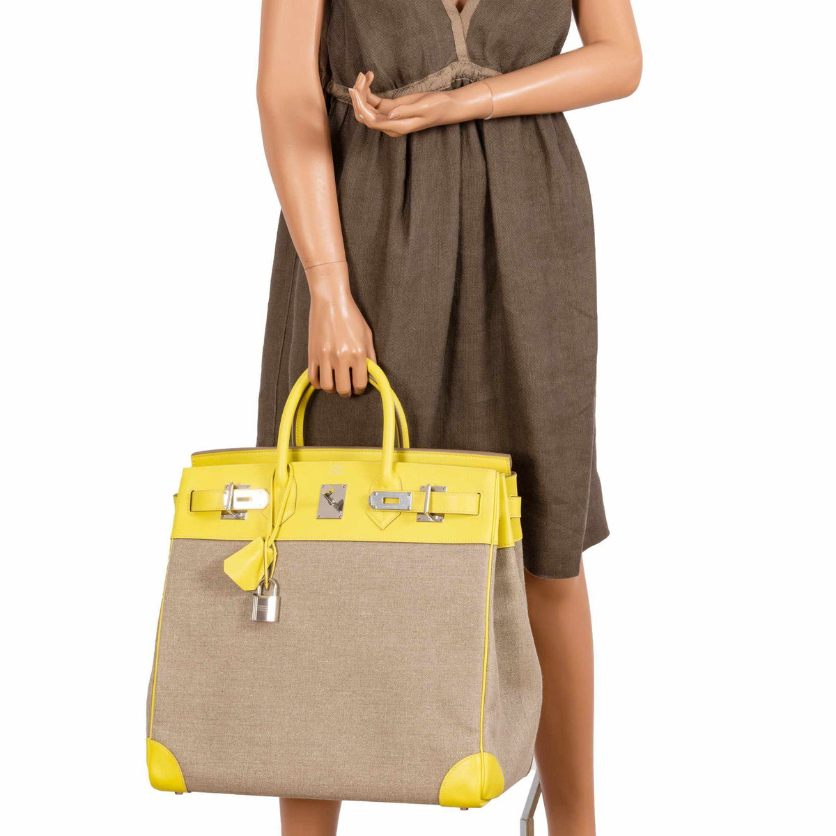 Hermes Birkin 40 HAC Lime & Ficelle Evercolor Toile De Camp Palladium Hardware - image 11