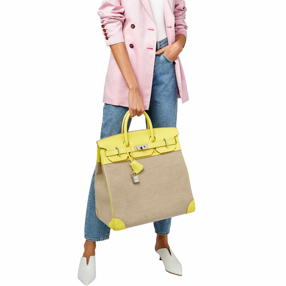Hermes Birkin 40 HAC Lime & Ficelle Evercolor Toile De Camp Palladium Hardware - image 3