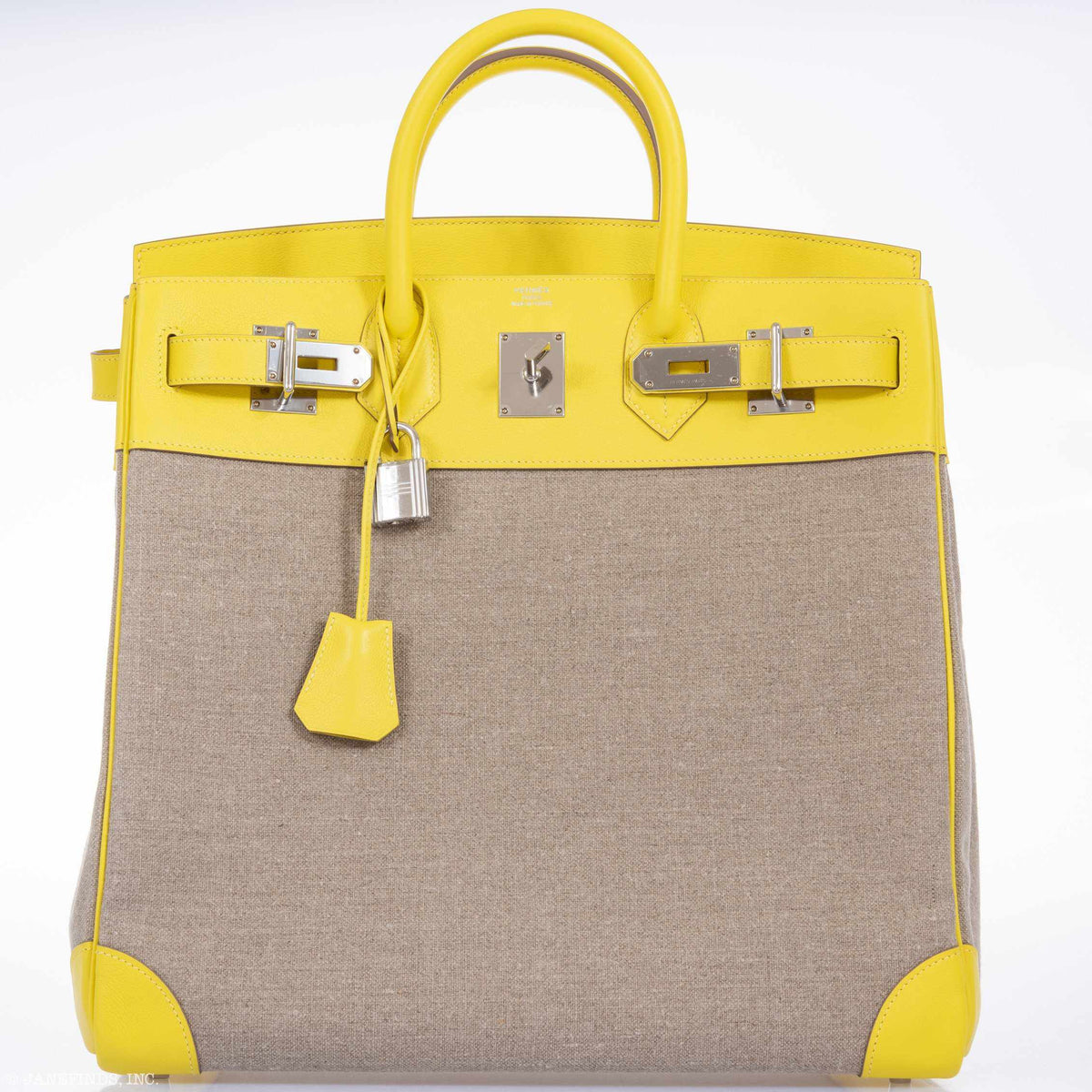 Hermes Birkin 40 HAC Lime & Ficelle Evercolor Toile De Camp Palladium Hardware - image 8