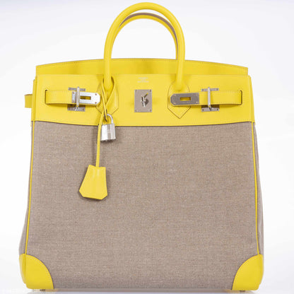 Hermes Birkin 40 HAC Lime & Ficelle Evercolor Toile De Camp Palladium Hardware - image 8
