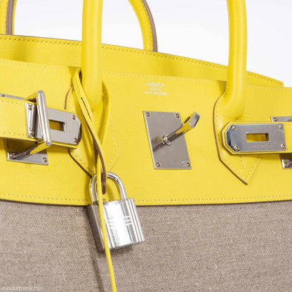 Hermes Birkin 40 HAC Lime & Ficelle Evercolor Toile De Camp Palladium Hardware - image 9