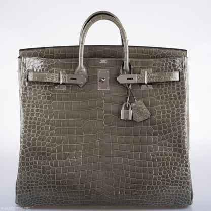 Hermes Birkin 50 HAC Gris Tourterelle Shiny Porosus Crocodile Palladium Hardware - image 7