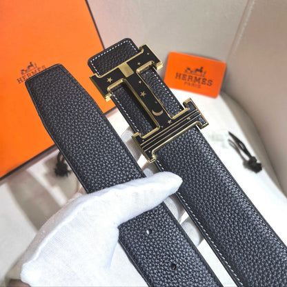 Hermès Black Reversible Leather Strap 32 mm Belt - Gold & Black Celestial H Buckle - photo 2