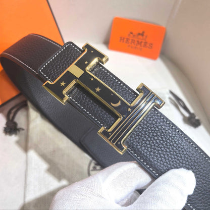 Hermès Black Reversible Leather Strap 32 mm Belt - Gold & Black Celestial H Buckle - photo 3