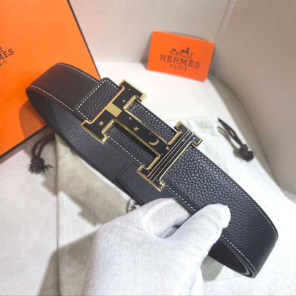 Hermès Black Reversible Leather Strap 32 mm Belt - Gold & Black Celestial H Buckle - photo 4