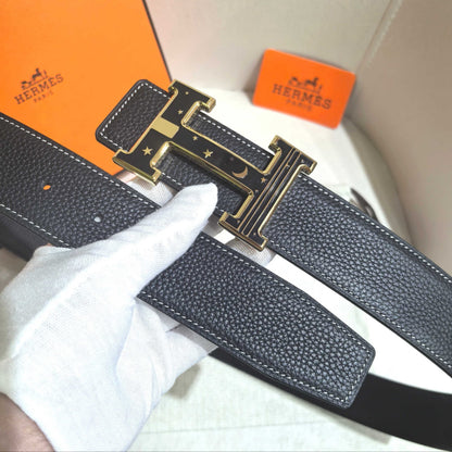 Hermès Black Reversible Leather Strap 32 mm Belt - Gold & Black Celestial H Buckle - photo 5