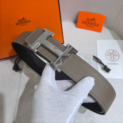 Hermès Étoupe Reversible Leather Strap 32 mm Belt - Silver Guilloché H Buckle - photo 5