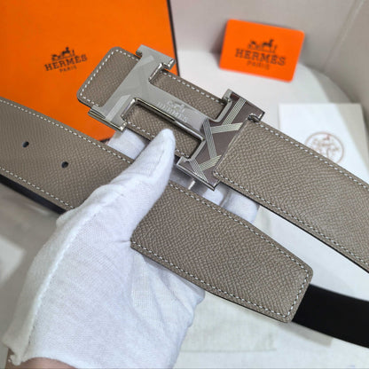Hermès Étoupe Reversible Leather Strap 32 mm Belt - Silver Guilloché H Buckle - photo 6