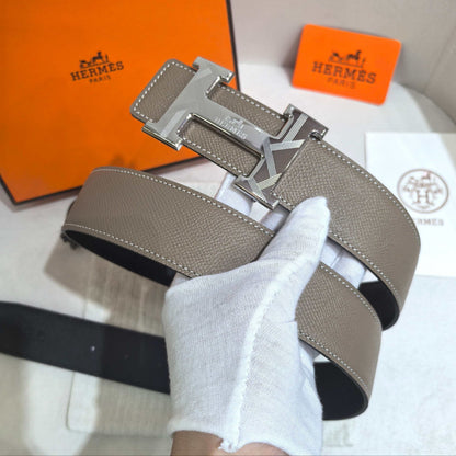 Hermès Étoupe Reversible Leather Strap 32 mm Belt - Silver Guilloché H Buckle - photo 2