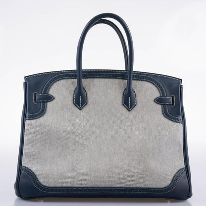Hermès Ghillies Birkin 35 Blue de Prusse Swift & Toile with Palladium Hardware - 2014, R Square - photo 13